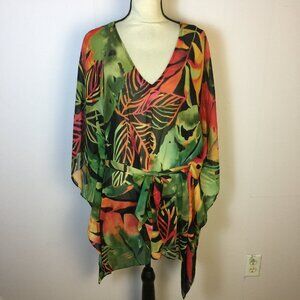 New! Lauren Ralph Lauren Caftan Swim Cover-Up S/M Womans Green Red Floral Belted